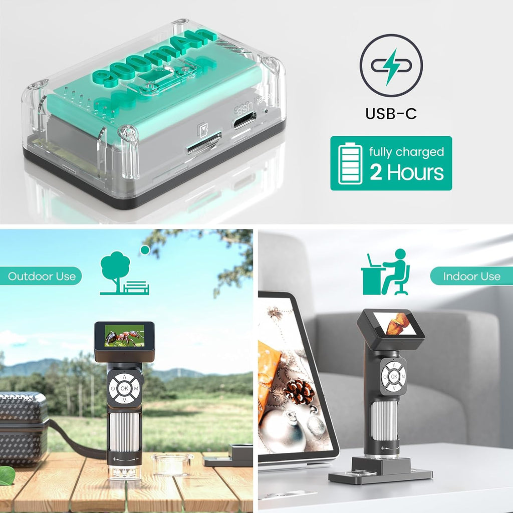 Portable Pocket Microscope Kit with 2" LCD Screen, 500X, 8 Adjustable LED Lights, 32GB SD Card V8664