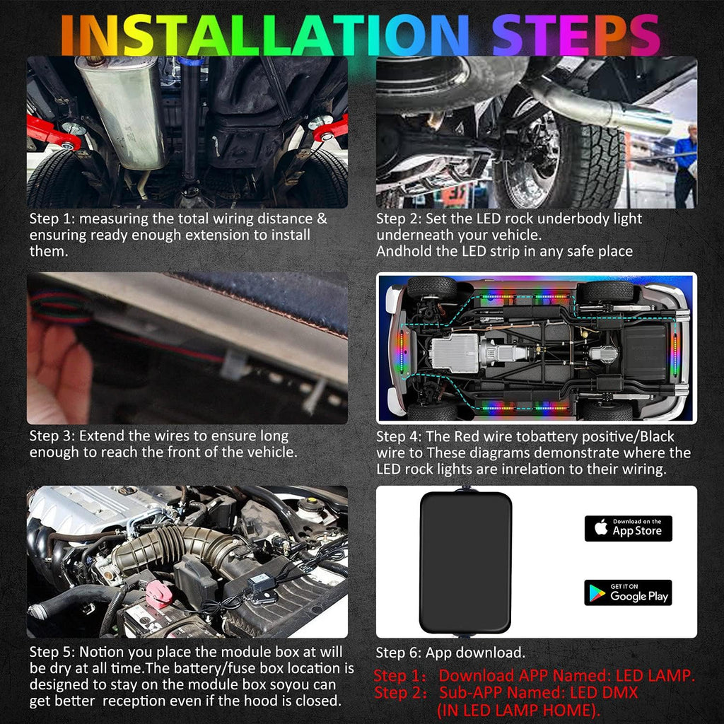 6PCS 216-LEDs Double-Row Neon Underbody LED Strips Kit with APP IP68 12V N257