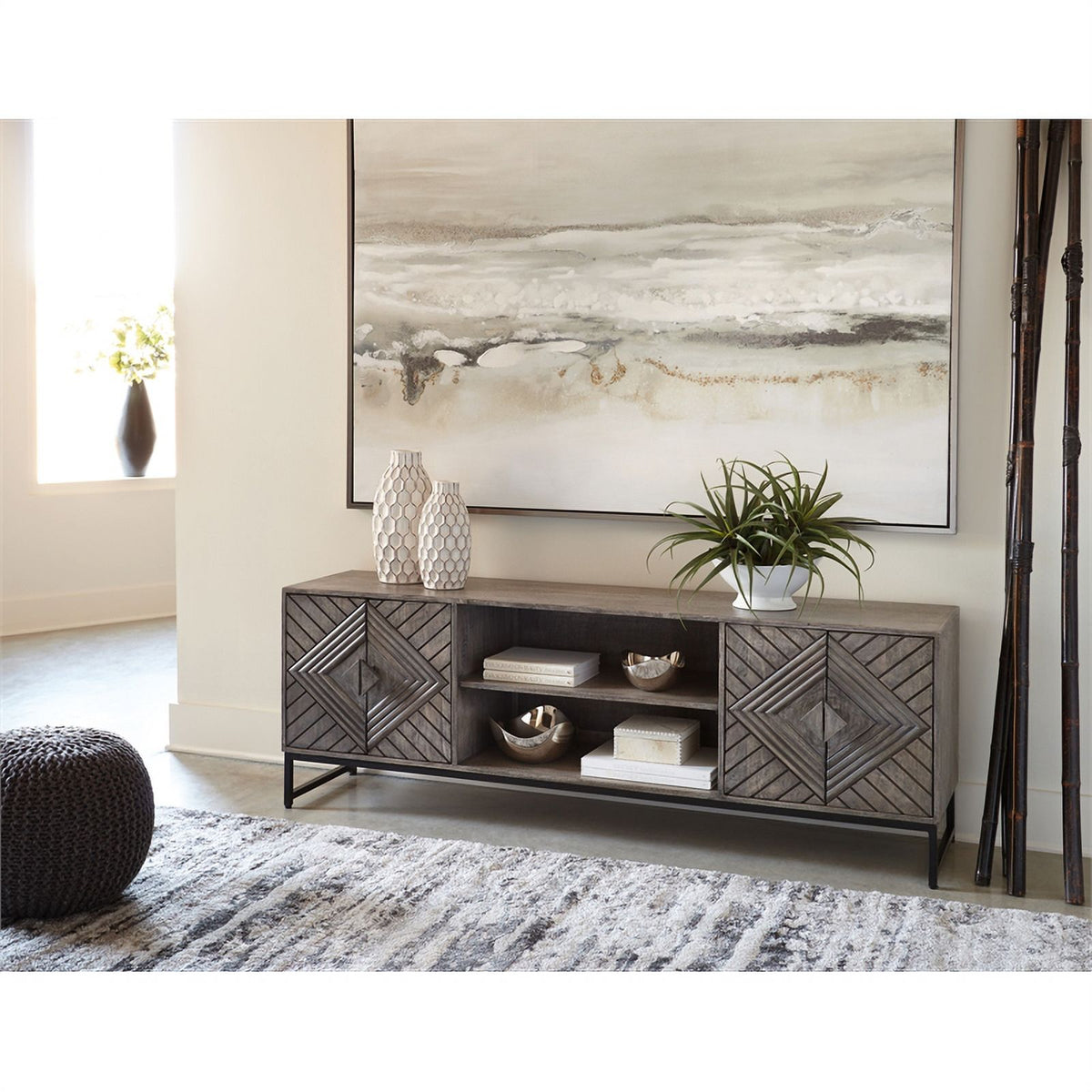 Distressed Gray & Black Wood Accent Cabinet A455637