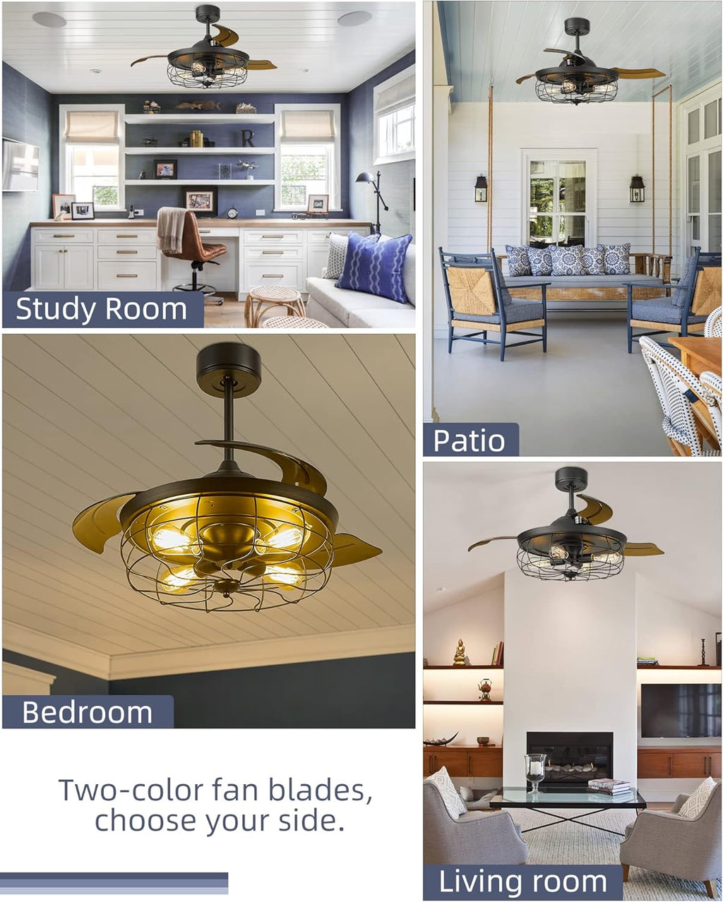 42 Inch Matte Black Ceiling Fan with Light and 3 Retractable Blades with Remote Control G996