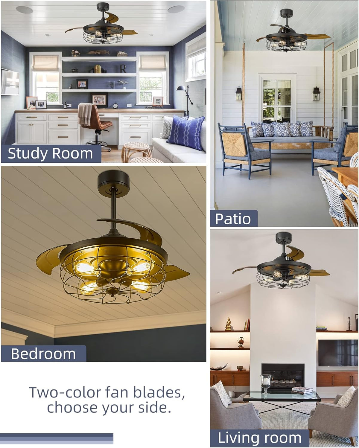 42 Inch Matte Black Ceiling Fan with Light and 3 Retractable Blades with Remote Control G996