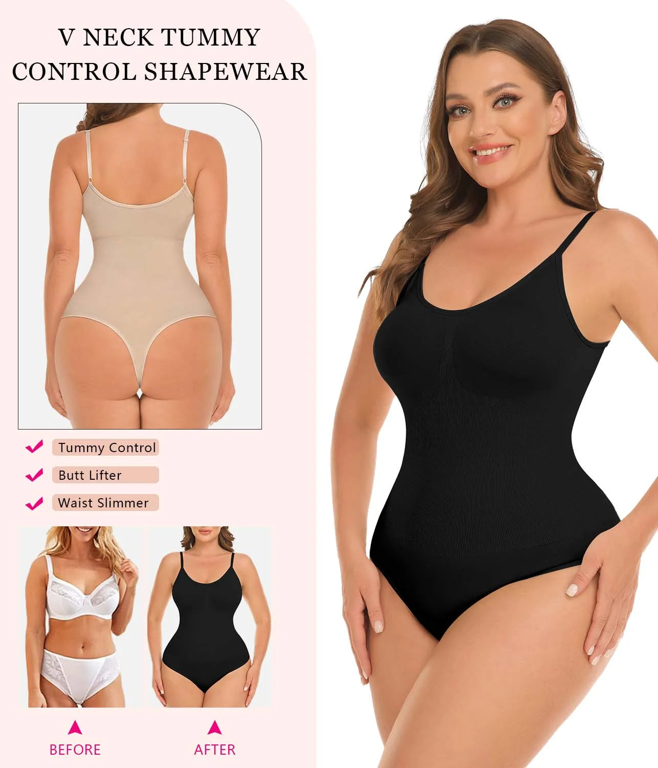 3 Packs Women Slimming Bodysuits Shapewear Tops Tummy Control Thong Body Shaper Spaghetti Strap Camisole B4850