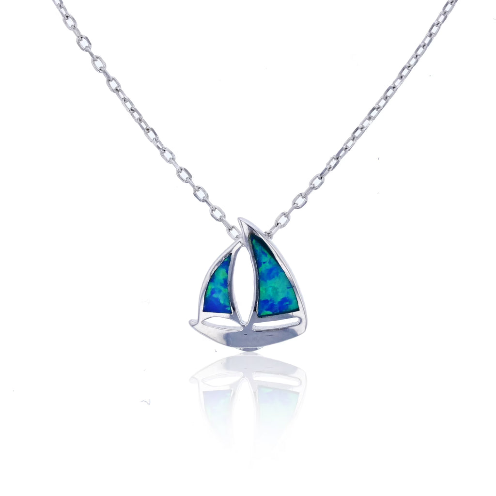 Rhodium Created Blue Opal Polished Ship Necklace with 2" Extender M271