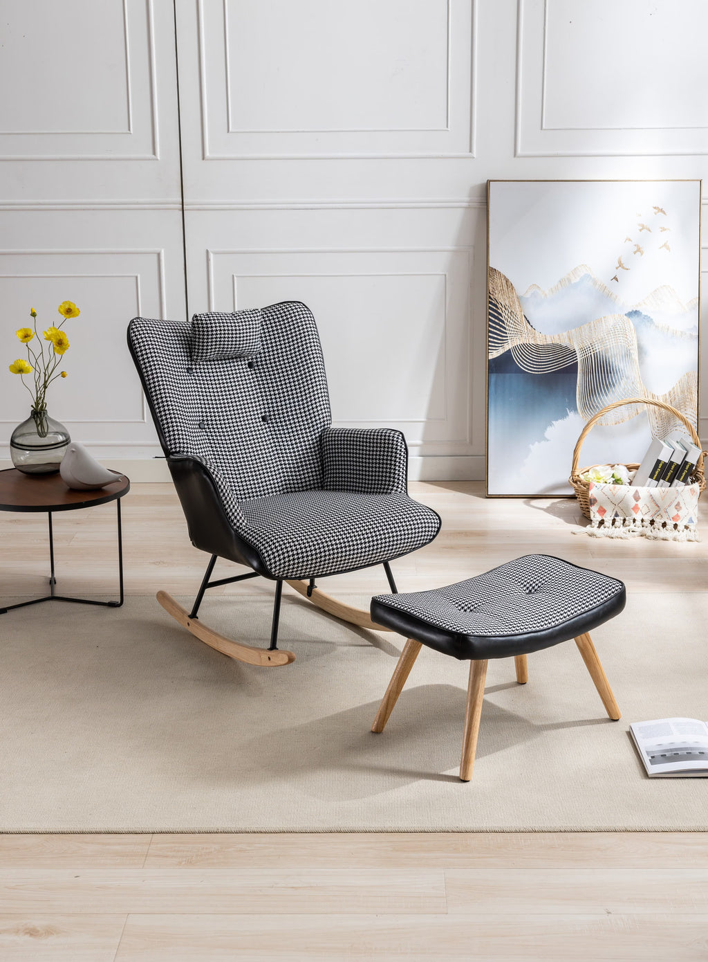 White Wingback Glider Rocker with Solid Wood Base X645
