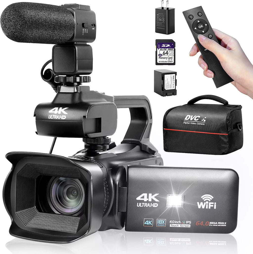 4k Video Camera Camcorder with 18X Digital Zoom, 64MP, 4.0-inch Rotating Touchscreen, 64GB SD Card, Microphone, Remote Control, Durable Battery (Black) L8501