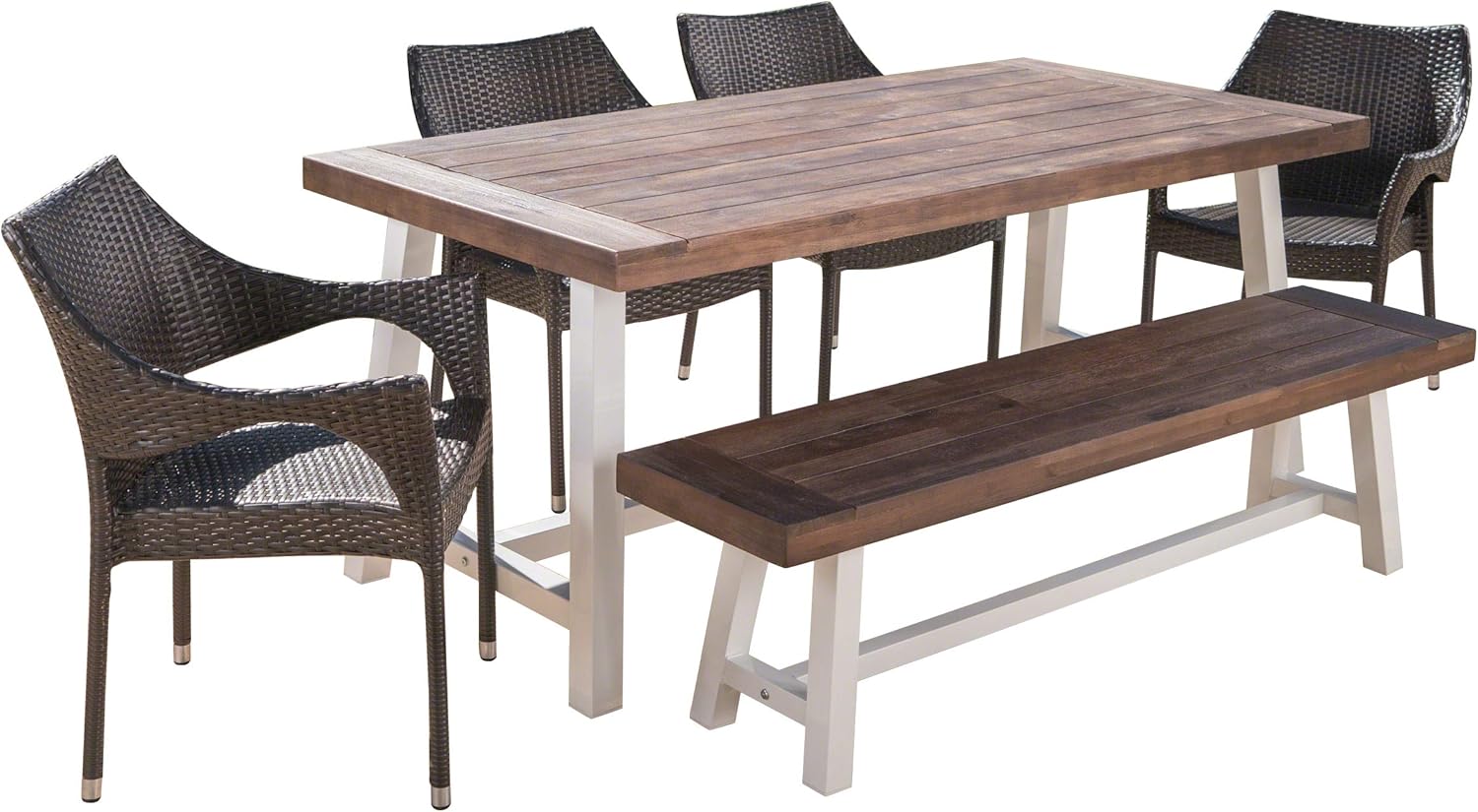 6 Piece Stacking Wicker Dining Set with Acacia Wood Table and Bench C32479