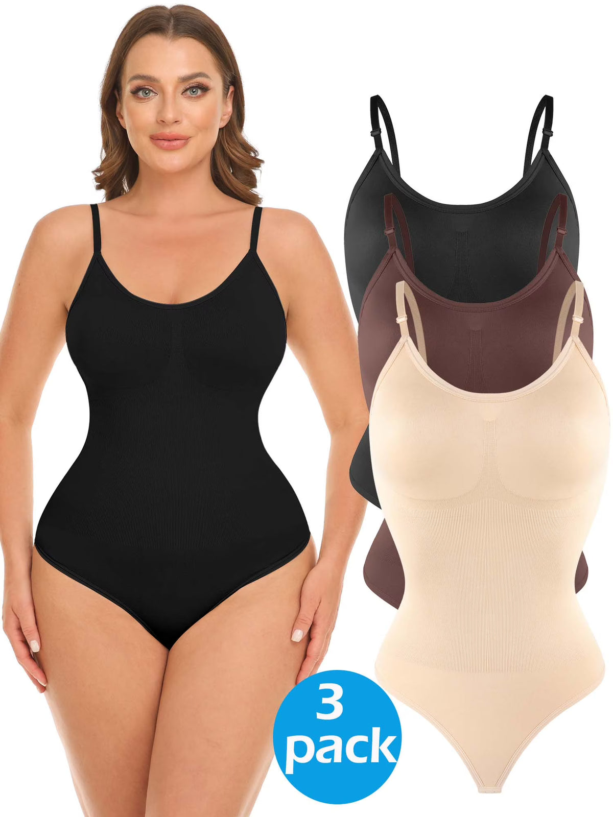3 Packs Women Slimming Bodysuits Shapewear Tops Tummy Control Thong Body Shaper Spaghetti Strap Camisole B4850