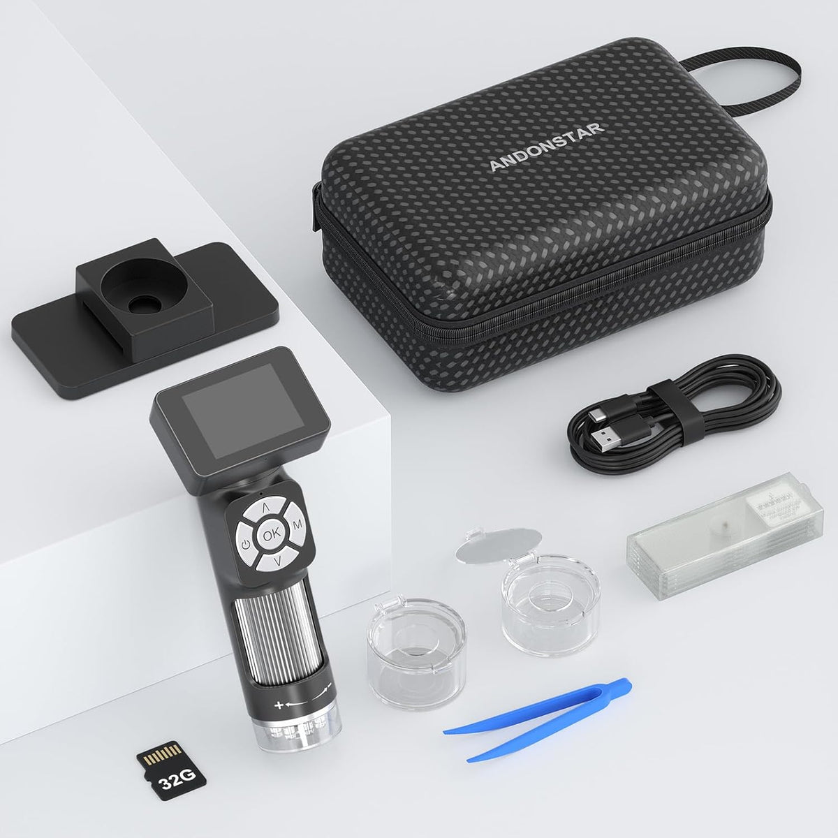 Portable Pocket Microscope Kit with 2" LCD Screen, 500X, 8 Adjustable LED Lights, 32GB SD Card V8664