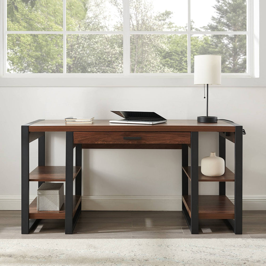 60x22 Industrial Farmhouse Desk with USB Dark Walnut V33093