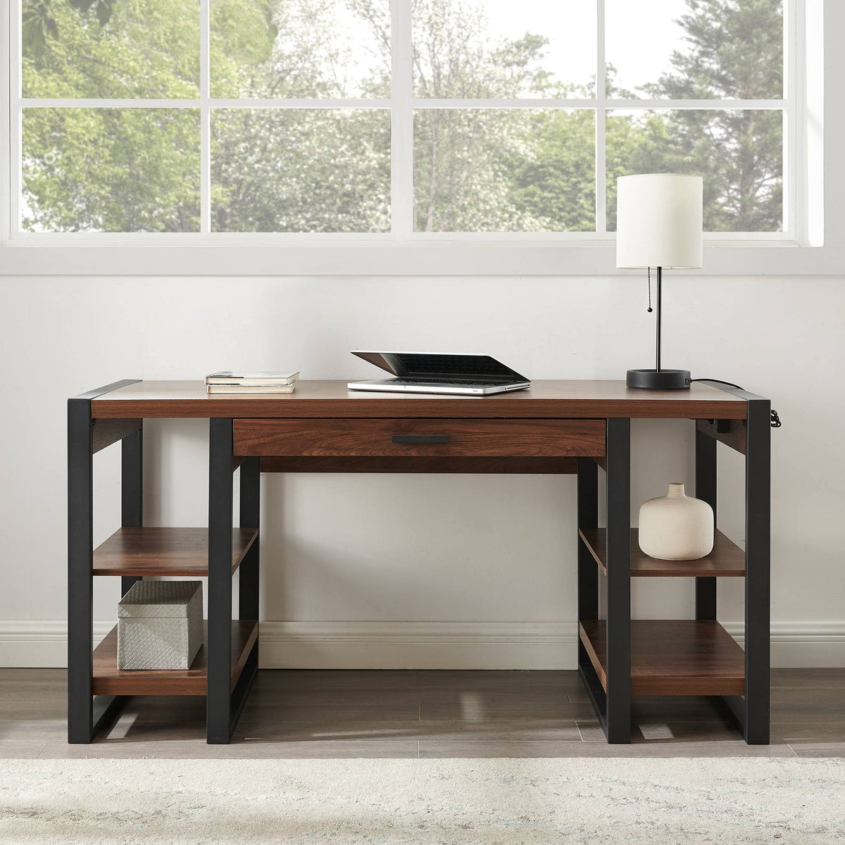 60x22 Industrial Farmhouse Desk with USB Dark Walnut V33093