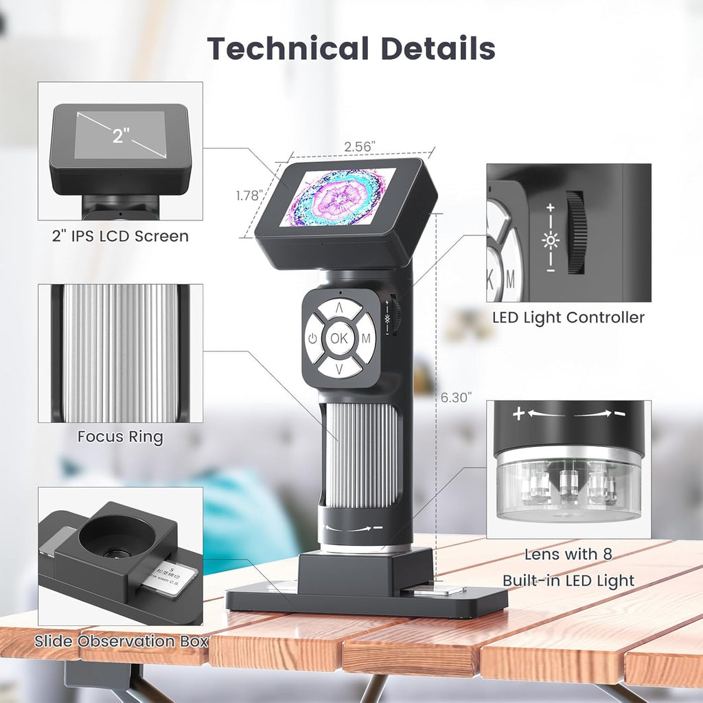 Portable Pocket Microscope Kit with 2" LCD Screen, 500X, 8 Adjustable LED Lights, 32GB SD Card V8664