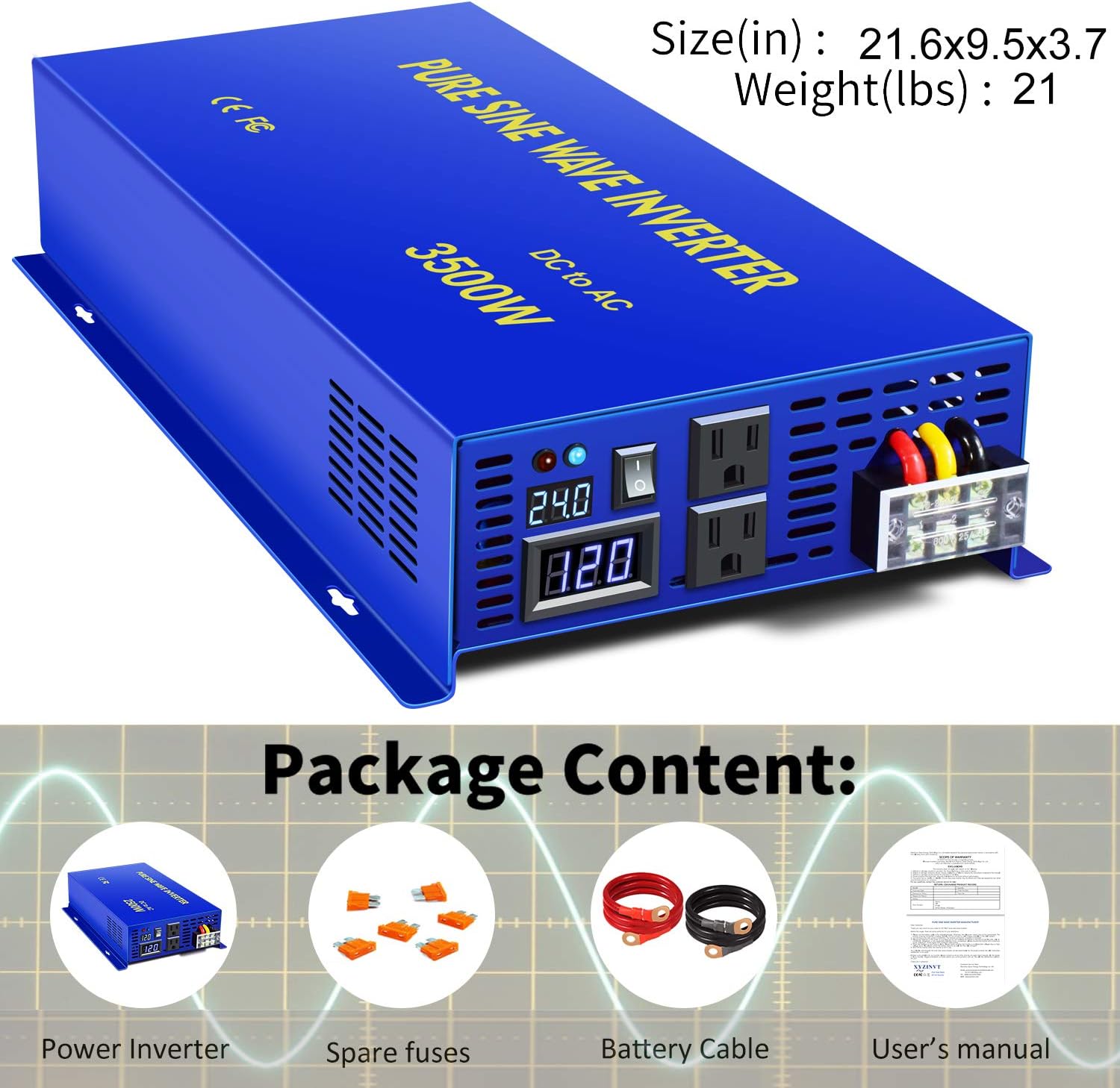 3500W / 7000W Peak 24V DC to AC 110V 120V Pure Sine Wave Power Inverter with LCD Display R98695
