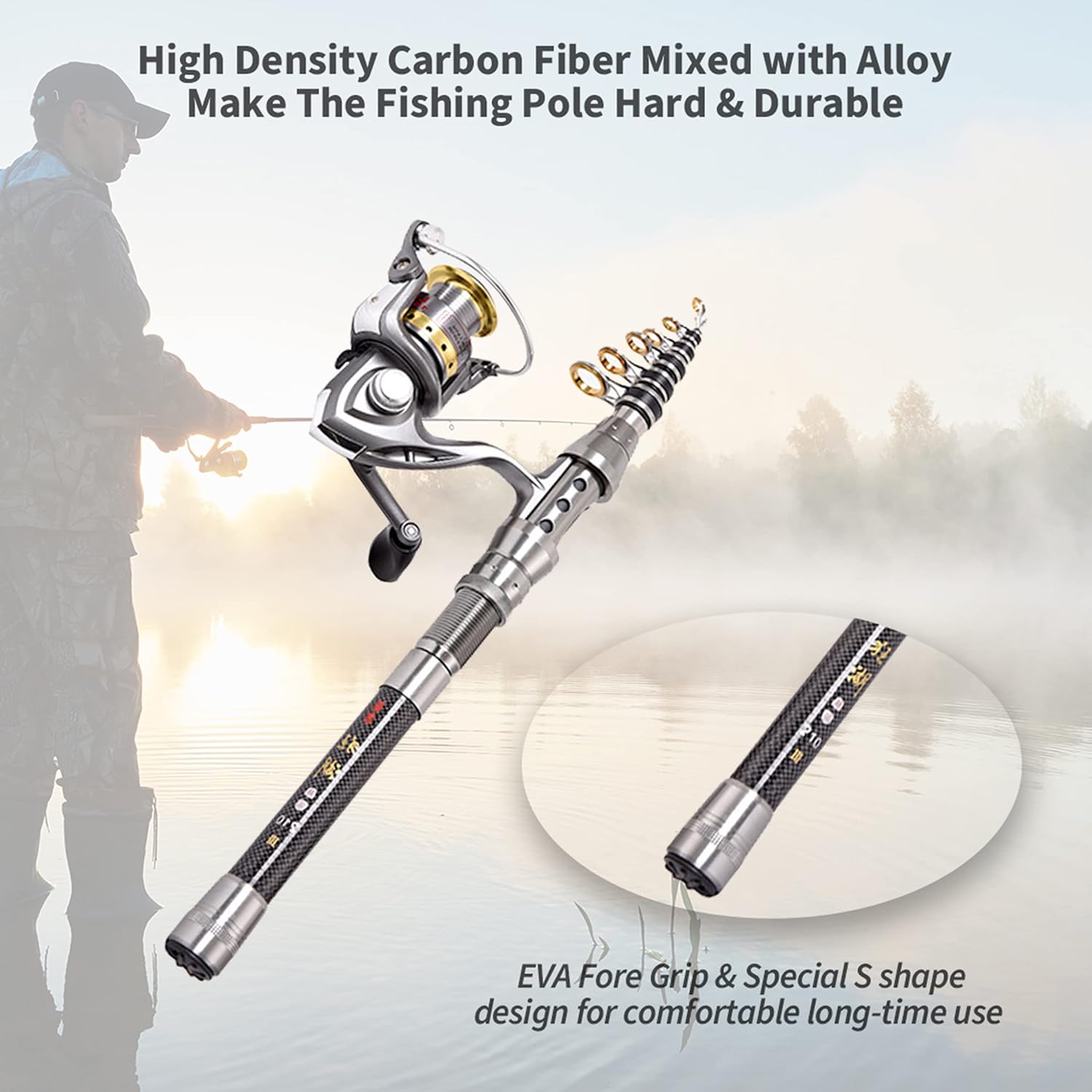 Fishing Rod and Reel Combo Carbon Fiber Telescopic Fishing Pole with Carrier Bag L85616