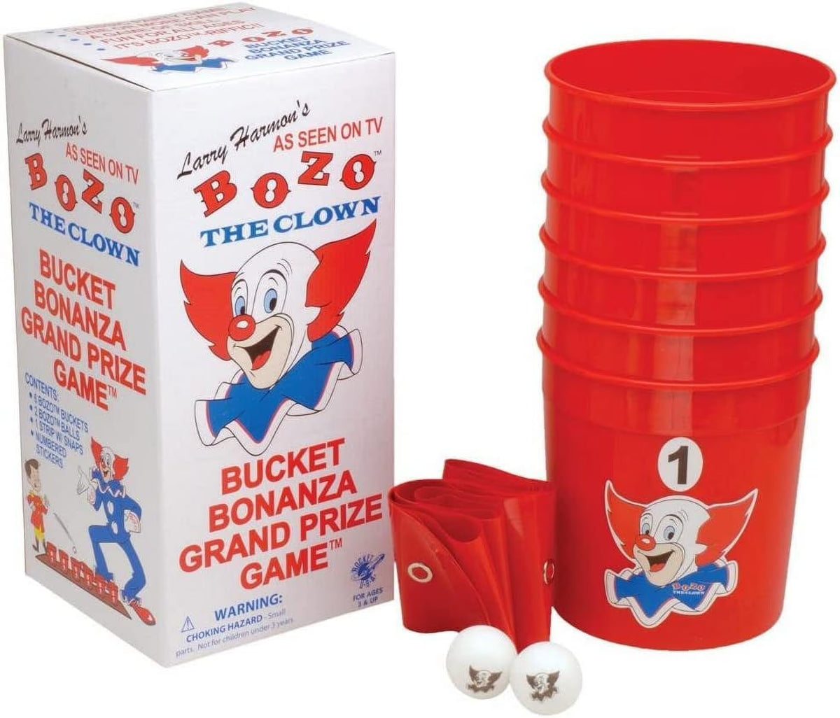 Bozo The Clown Bucket Bonanza Yard Games Pong Set with 6 Durable Buckets, 1 Vinyl Strip and 2 Balls R950722