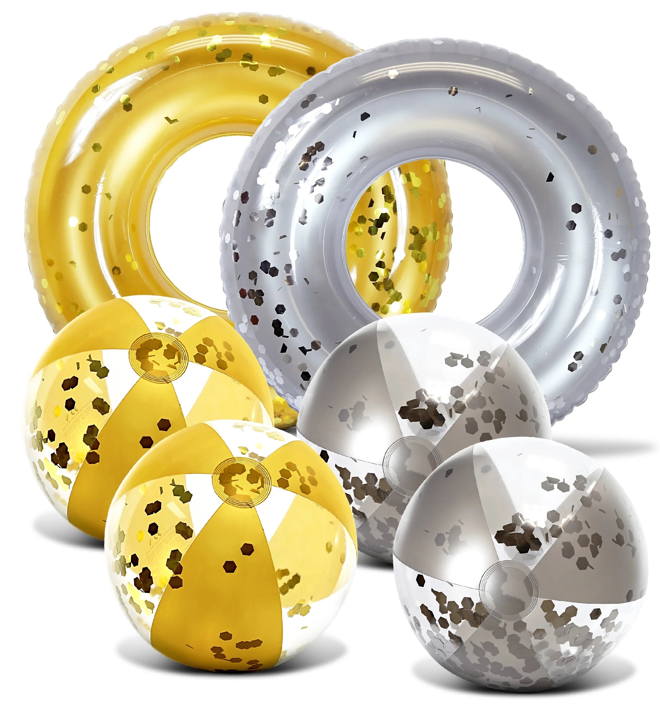 Bundle of Inflatable Silver & Gold Pool Float Tubes & Beach Balls Set of 6 F959533