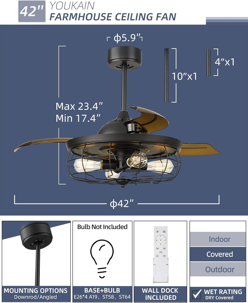 42 Inch Matte Black Ceiling Fan with Light and 3 Retractable Blades with Remote Control G996