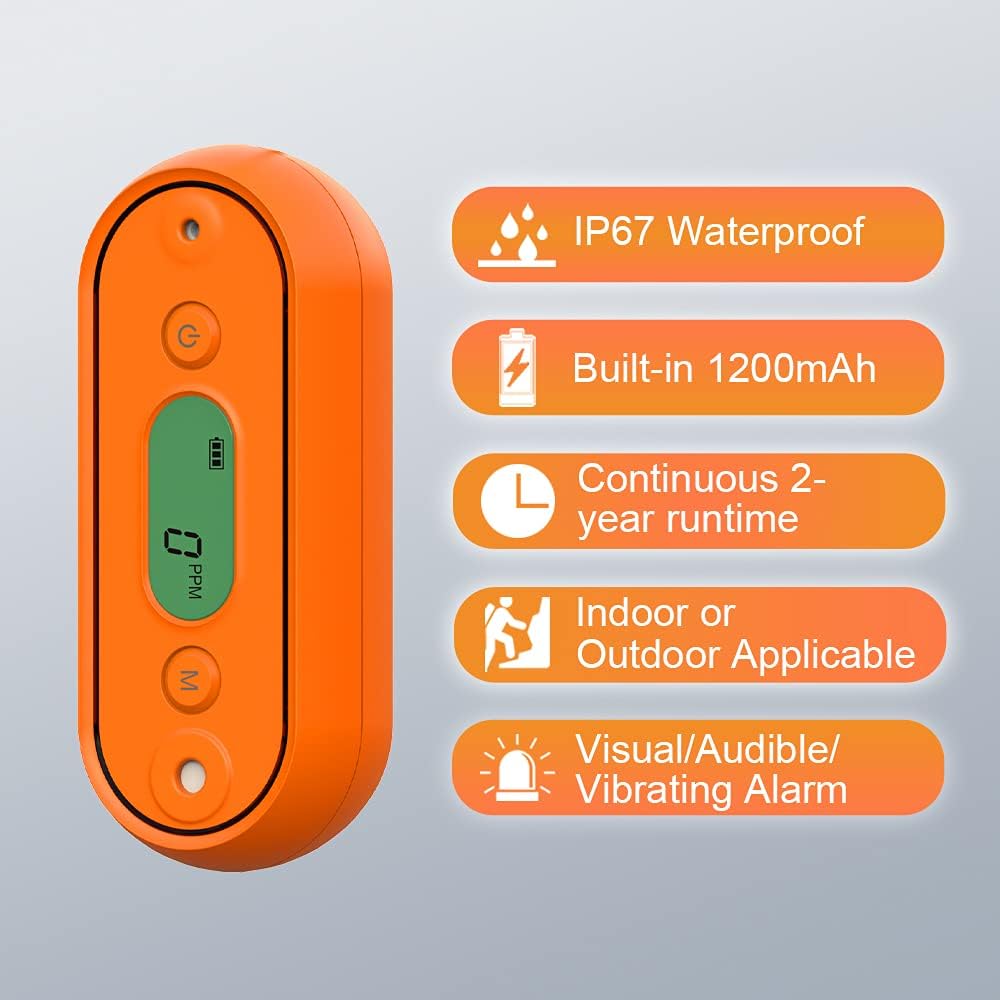 Carbon Monoxide Detector with Visual, Audible, and Vibrating Alerts, Portable CO Monitor, IP67 Waterproof, Battery Operated V203