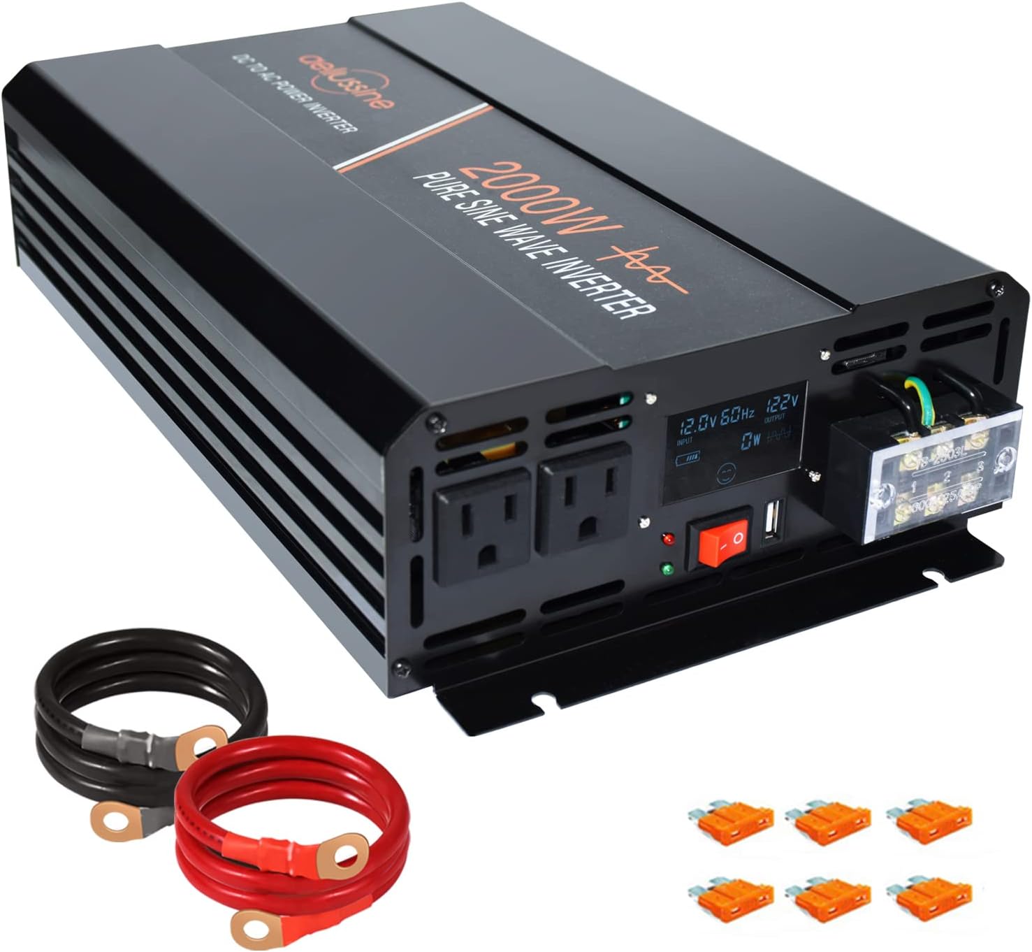 Power Inverter 2000W Pure Sine Wave 12v DC to AC 120v Peak 4000 Watt Converter with LCD Display USB Charge Port F387