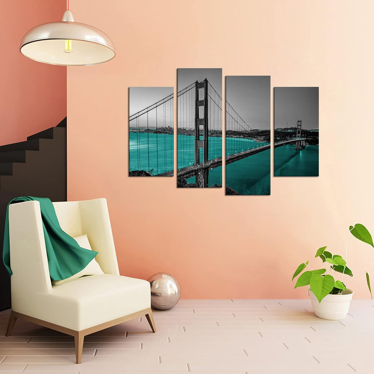 Black White Teal Golden Gate Bridge Canvas Wall Art B961575
