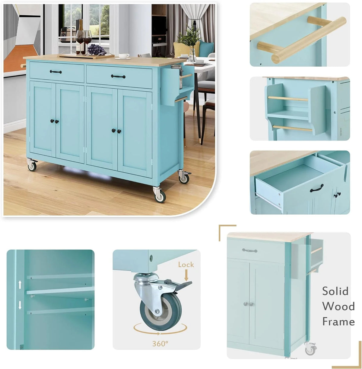 Kitchen Cart with Drop-Leaf Countertop, Kitchen Island on 5 Wheels with Open Shelves, Storage Cabinet and 3 Drawers, Rubberwood Top Breakfast Bar E3170