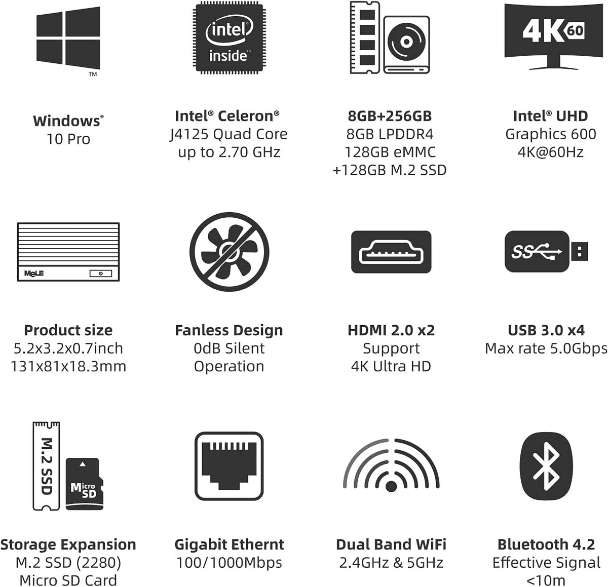 Fanless Mini PC Window11 Pro Celeron J4125 8GB/128GB Small Desktop Computer L402