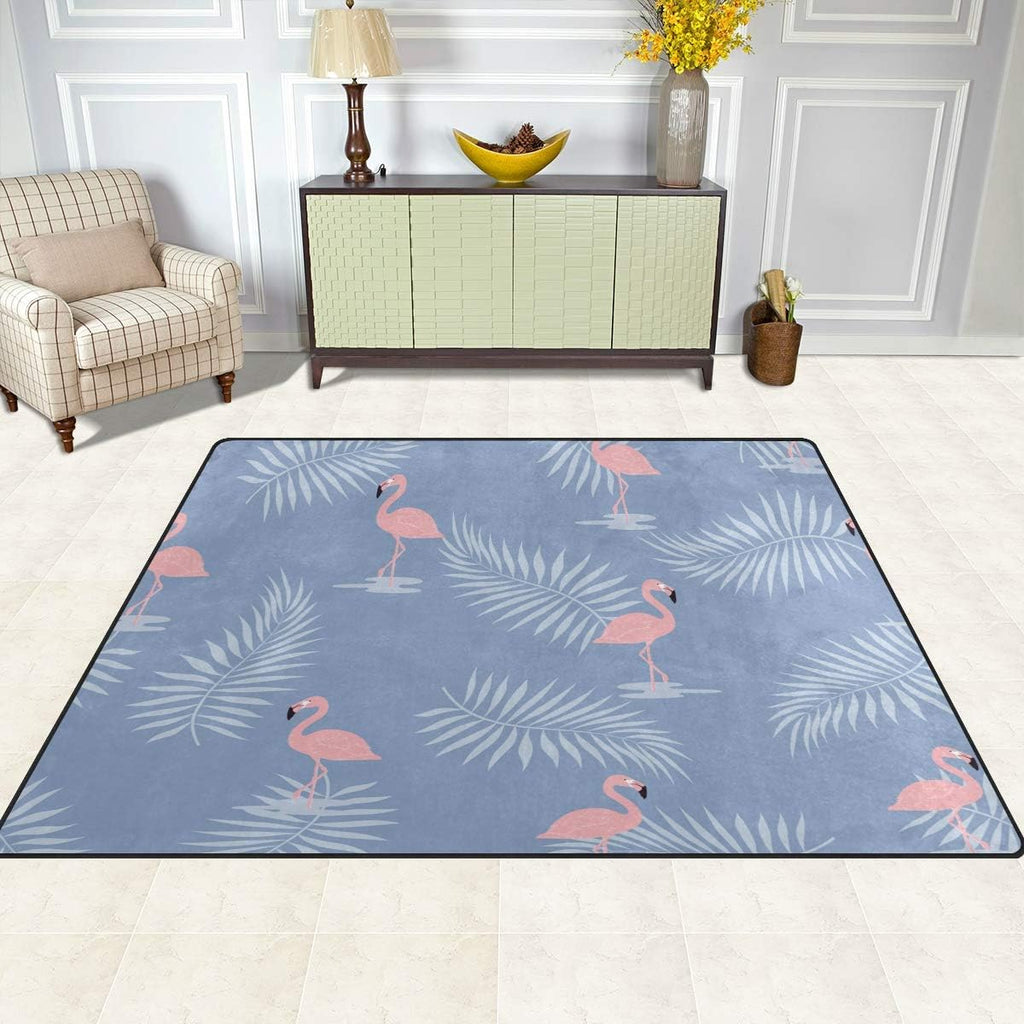 Pink Flamingo with Palm Leaves Lightweight Area Rug U4606