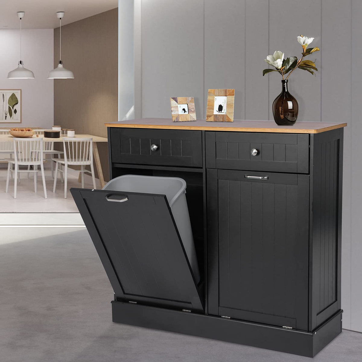 Dual White Double Kitchen Trash Cabinet with Two Wood Drawers X8381