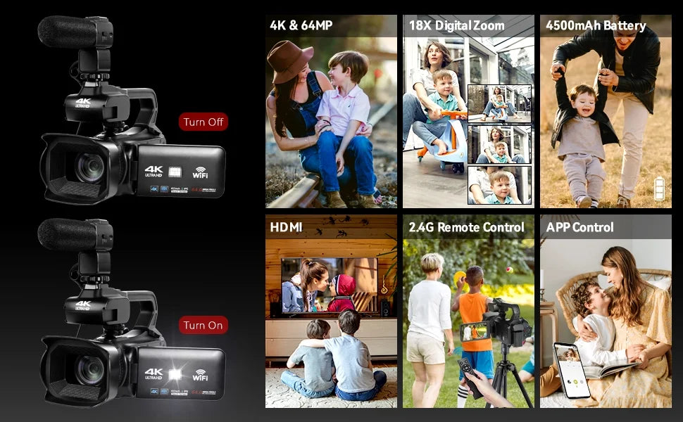 4k Video Camera Camcorder with 18X Digital Zoom, 64MP, 4.0-inch Rotating Touchscreen, 64GB SD Card, Microphone, Remote Control, Durable Battery (Black) L8501