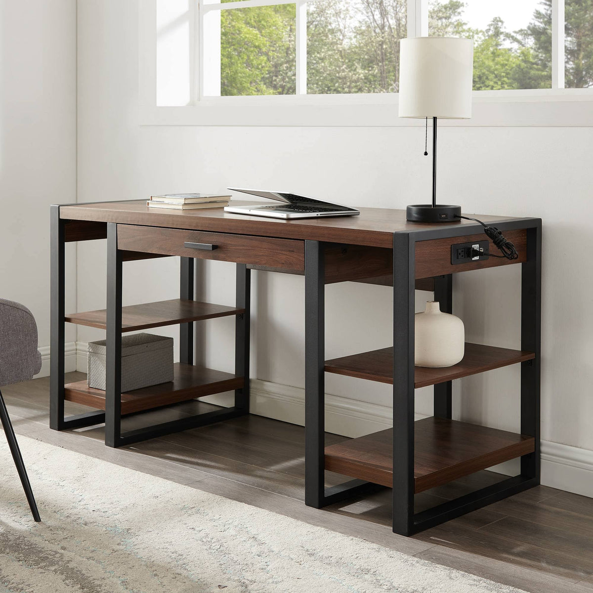 60x22 Industrial Farmhouse Desk with USB Dark Walnut V33093