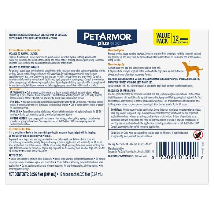 12 Applications Flea, Tick & Lice Formula for Dogs 5-22 lbs S465863