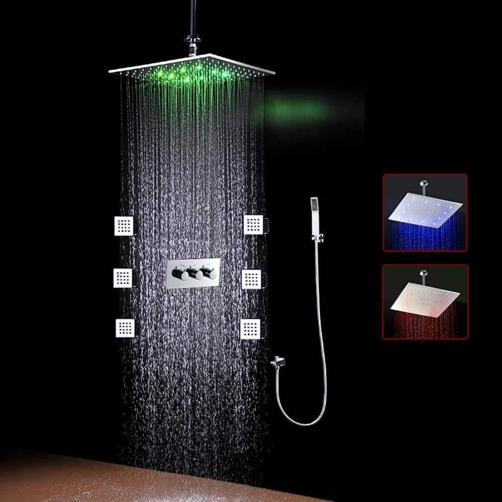 16 Inch Square Ceiling Mounted Thermostatic Rainfall LED Shower With Body Jets R64391
