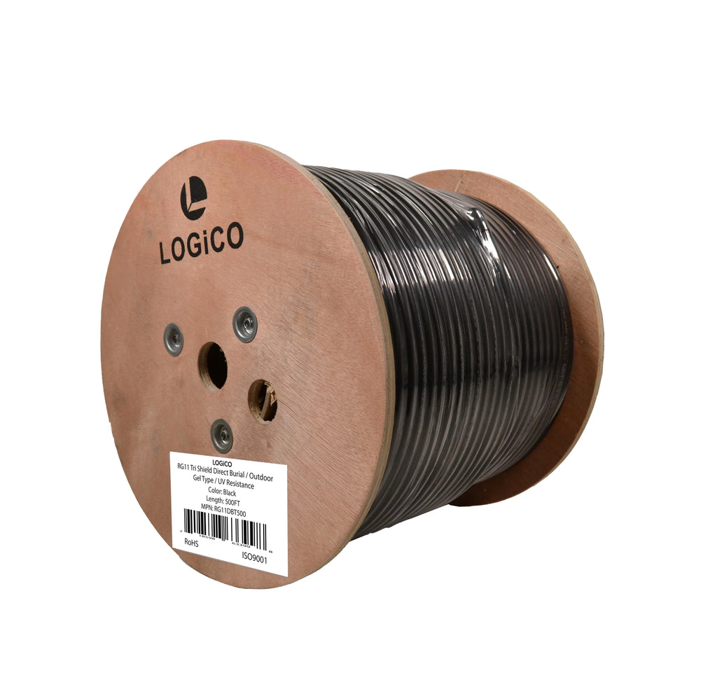 RG11 Coaxial Cable Tri Shield 14AWG Outdoor Direct Burial Gel Flooded Weather Resistant 500 ft Black Jacket L460229