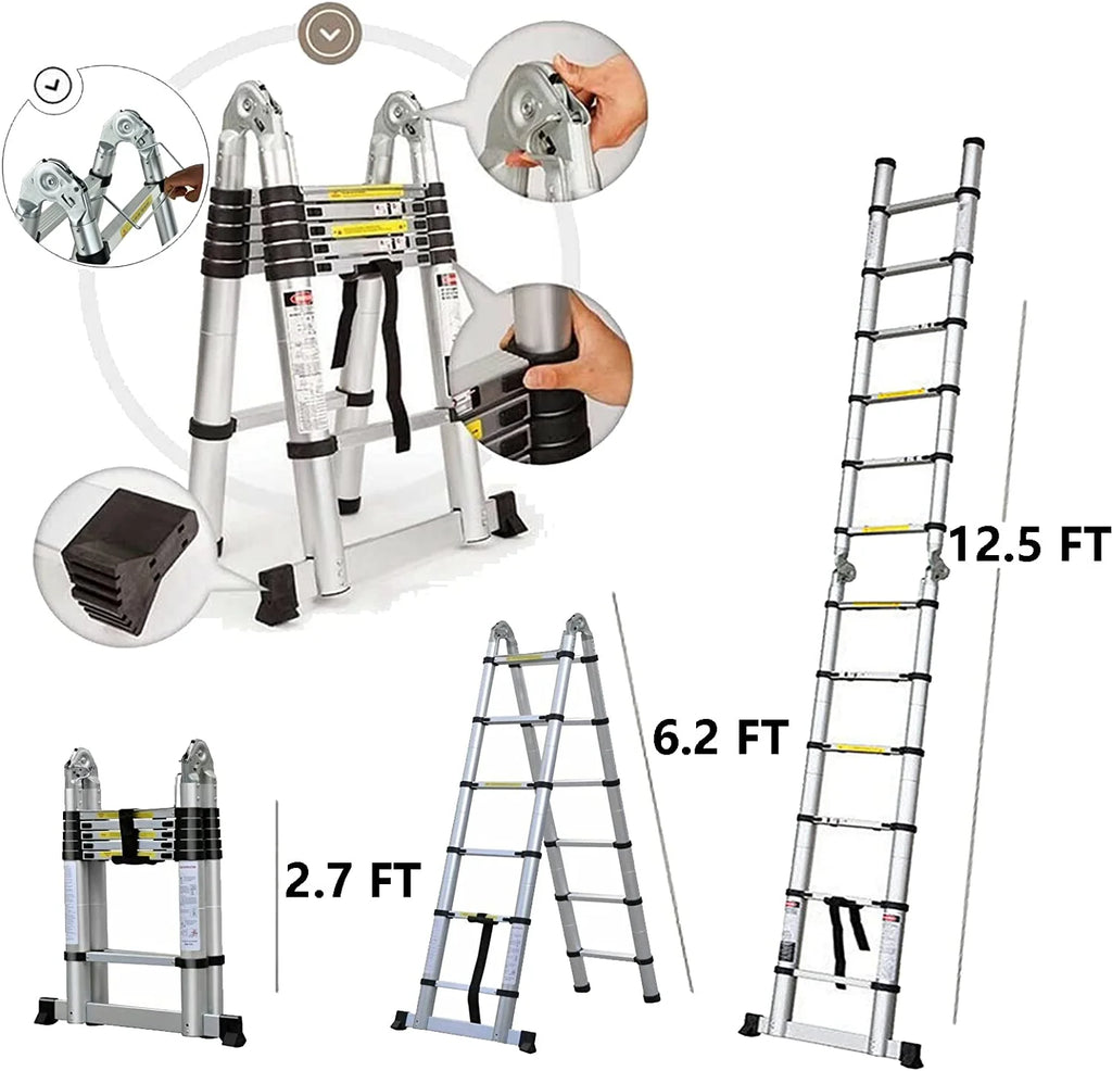 Telescoping Ladder 12.5 FT Aluminum Lightweight Compact Ladder with Stabilizer Bar, 330lb Load Capacity V9565