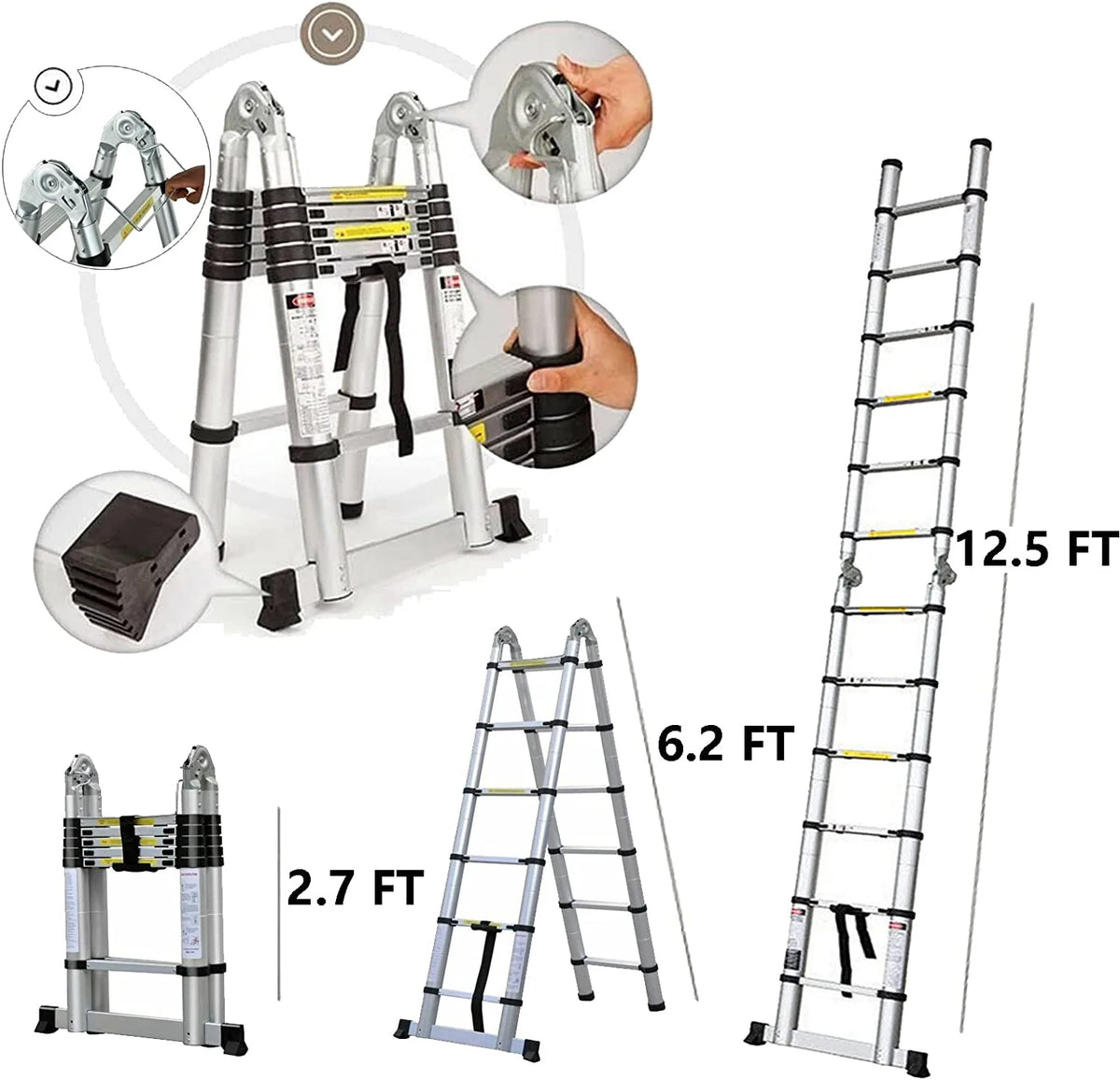Telescoping Ladder 12.5 FT Aluminum Lightweight Compact Ladder with Stabilizer Bar, 330lb Load Capacity V9565