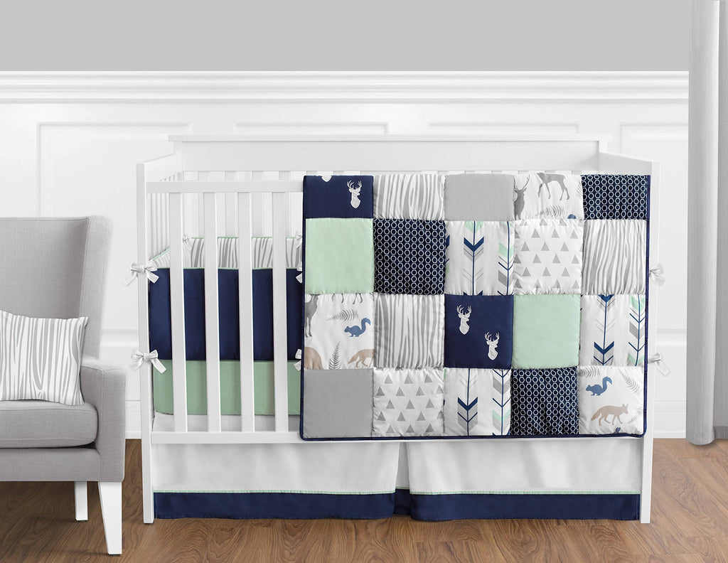 Navy Blue Mint and Grey Woodsy Deer Boys Baby Bedding Crib Set N17678