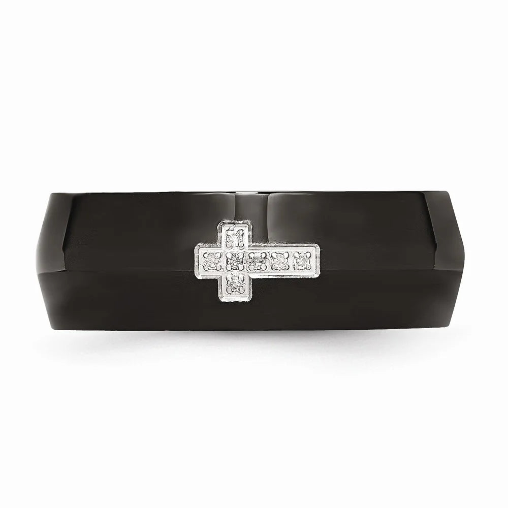 Black IP-Plated Diamond Cross Ring Size 7 Y968