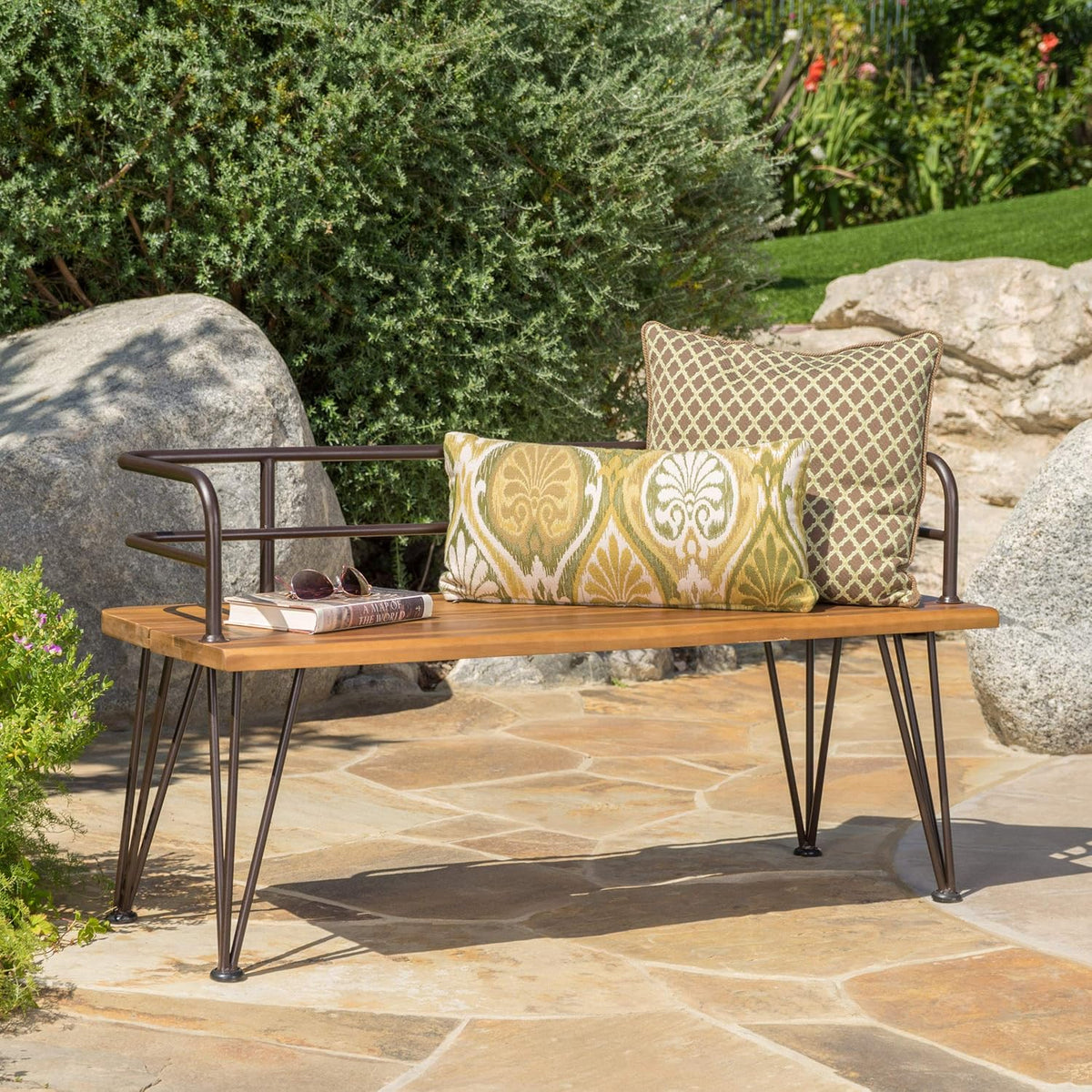 Teak Finish Iron and Acacia Wood Bench I739296