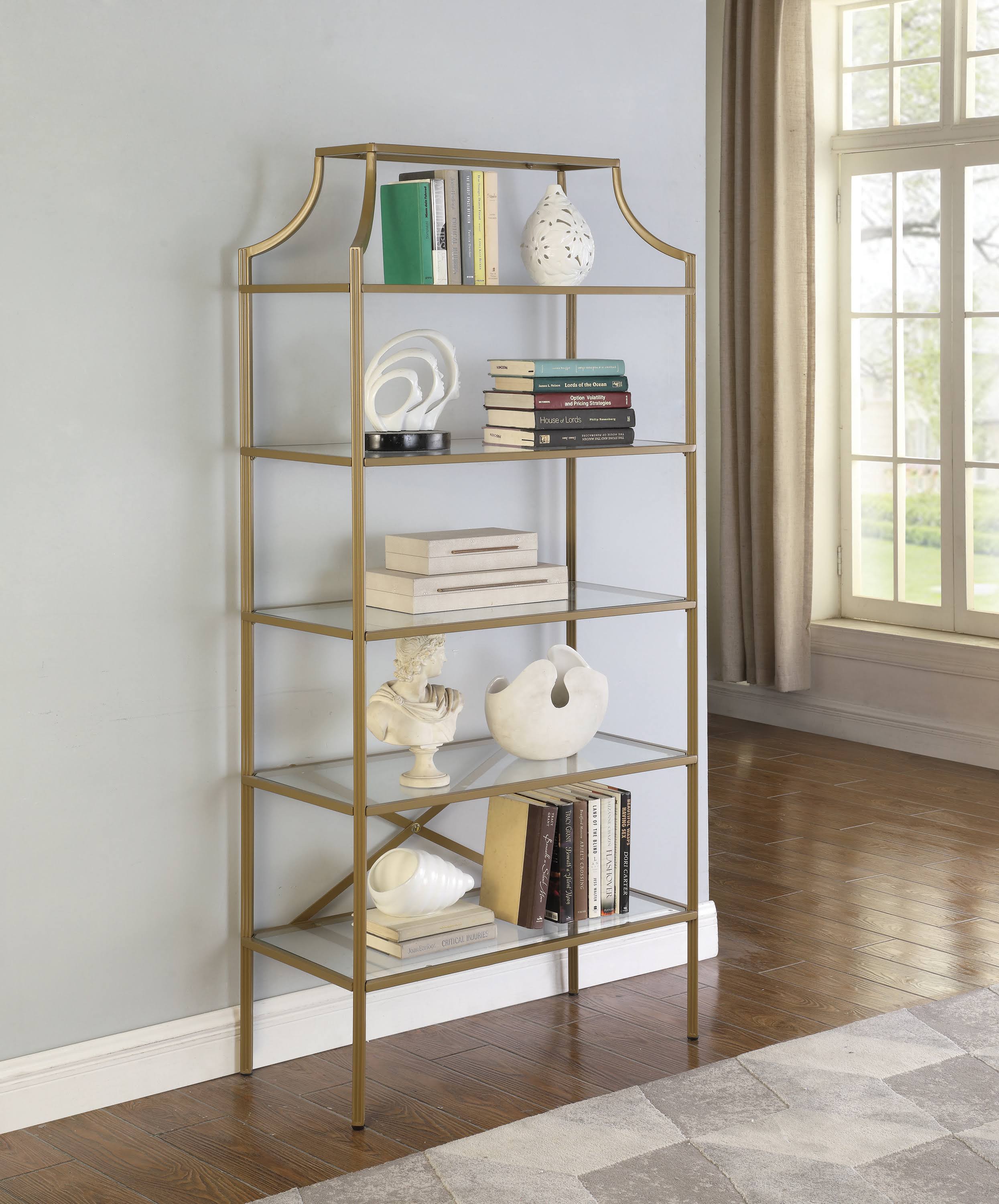 Matte Gold 5-Tier Tempered Glass Shelves Bookcase V423116