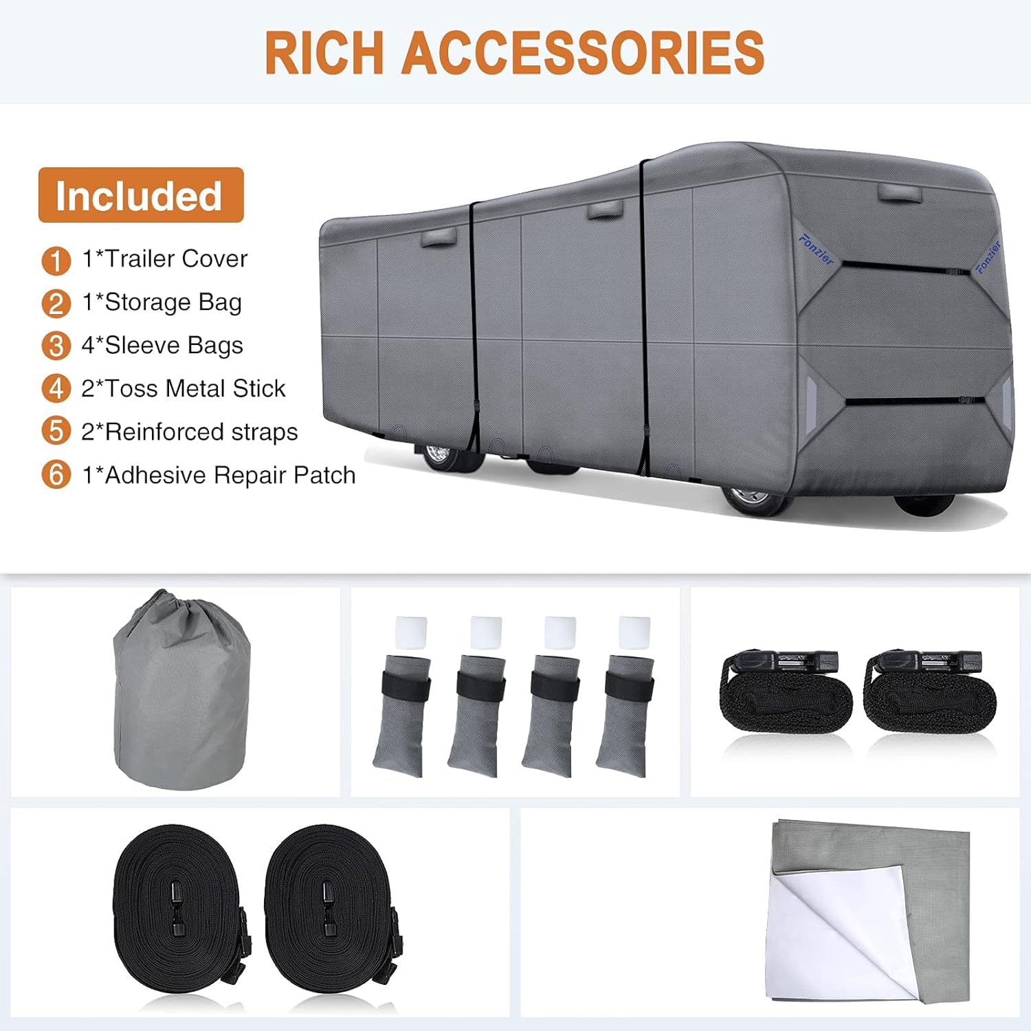 RV Cover Heavy Duty Anti-UV Rip-Stop Breathable with 2Pcs Straps & Gutter Covers C115477