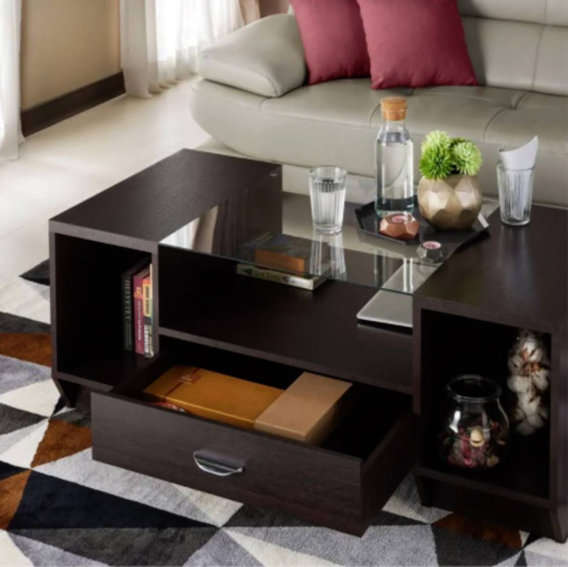 Espresso Glass Top Storage Coffee Table A99476