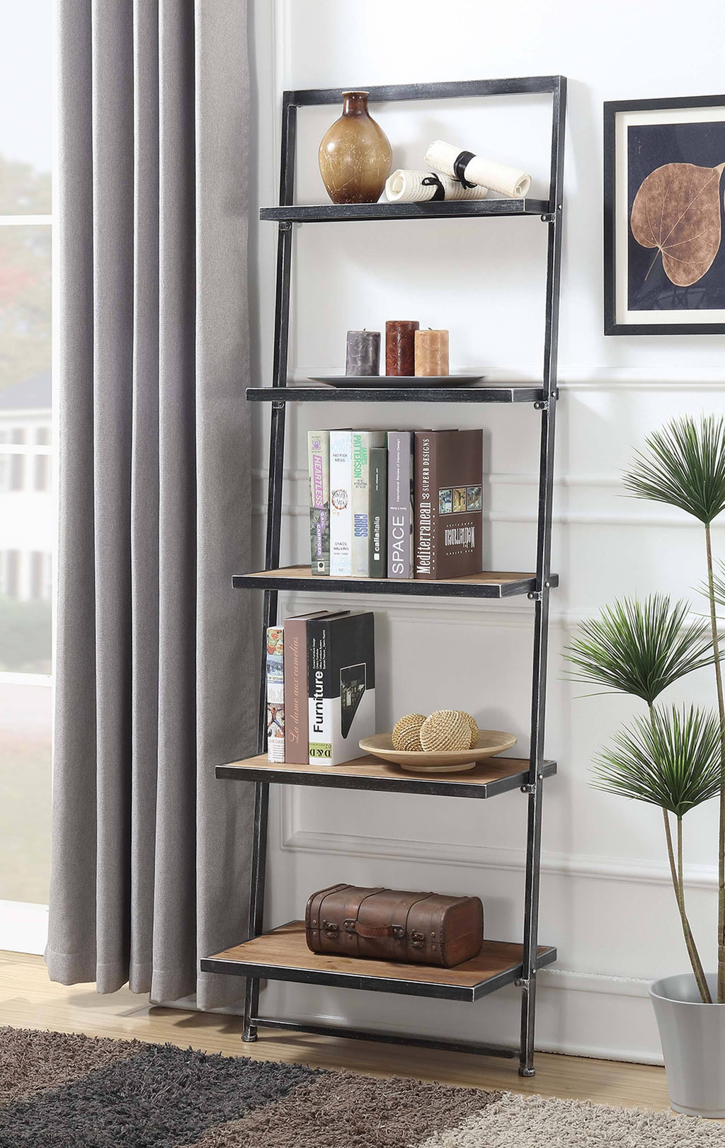 5 Tier Black Ladder Bookcase Shelf E770