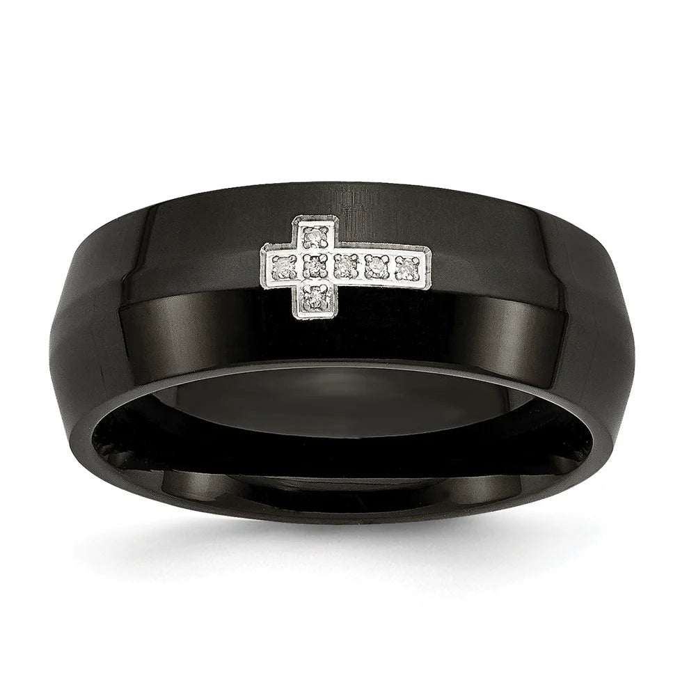 Black IP-Plated Diamond Cross Ring Size 7 Y968