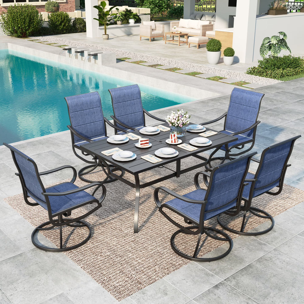 7-Piece Outdoor Patio Dining Set with High-Back Swivel Sling Chairs & Rectangular Table, Black & Blue Z366
