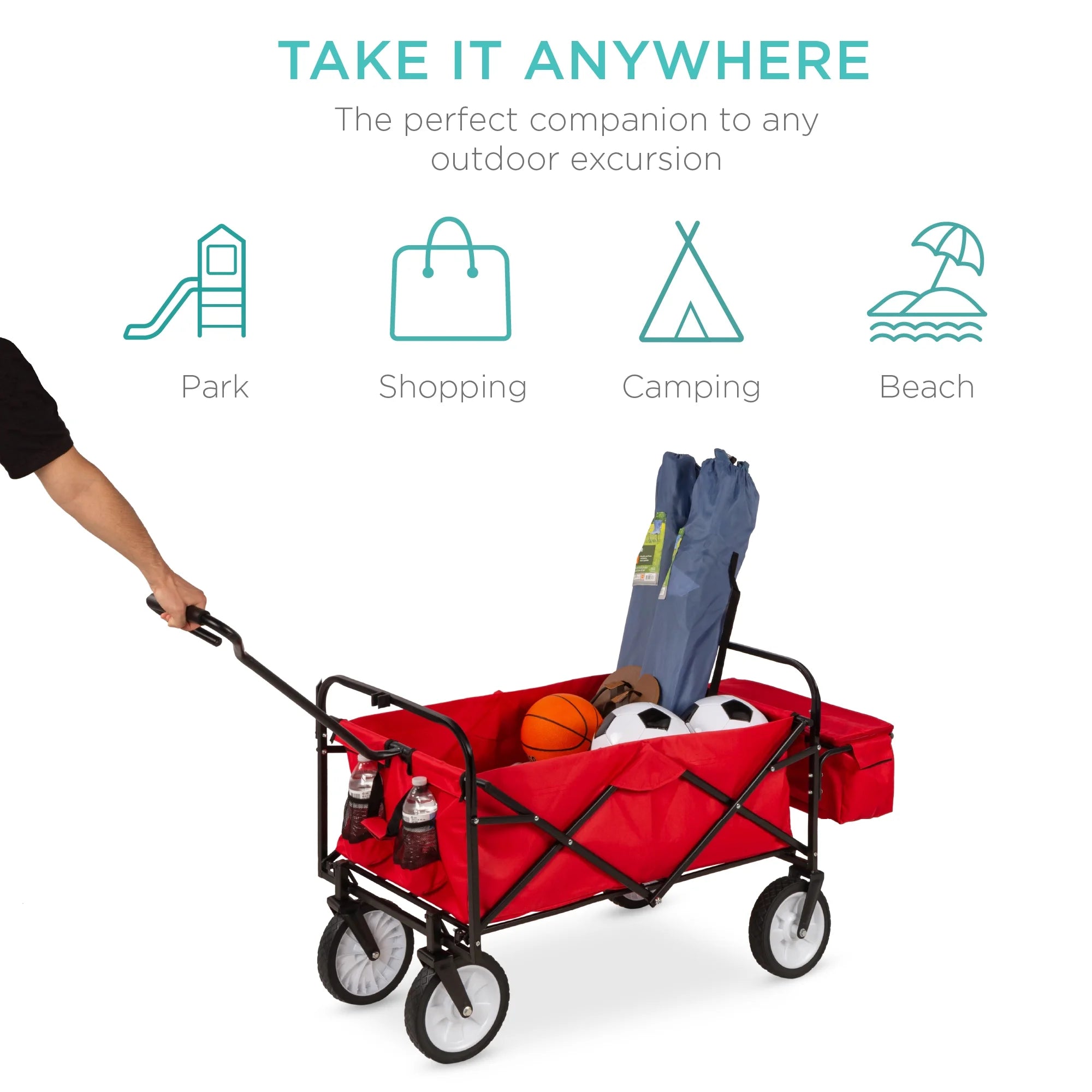 Red Collapsible Outdoor Utility Wagon with Removable Canopy E639064