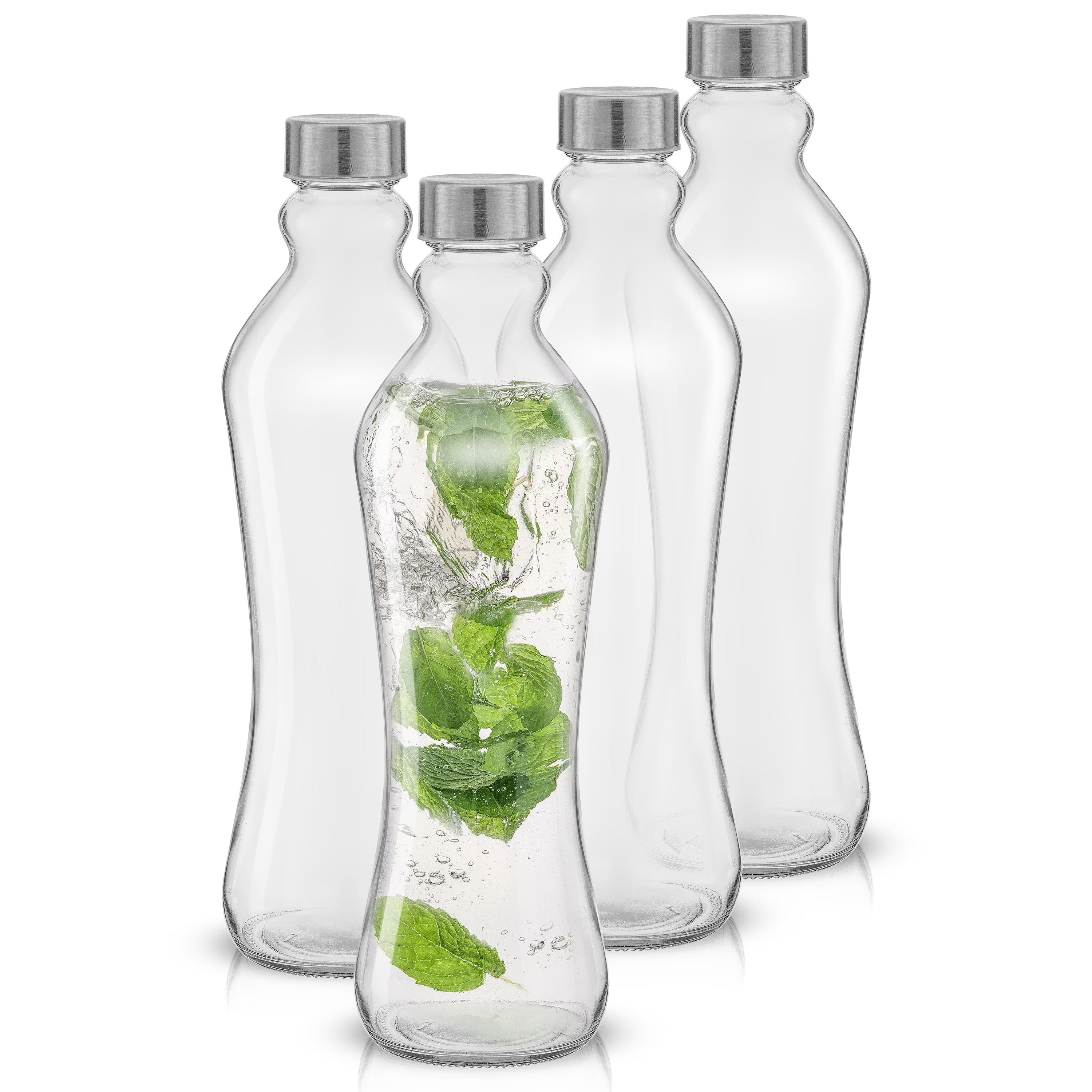 Clear Glass Water Bottles with Stainless Steel Screw Cap, Set of 4 U15201