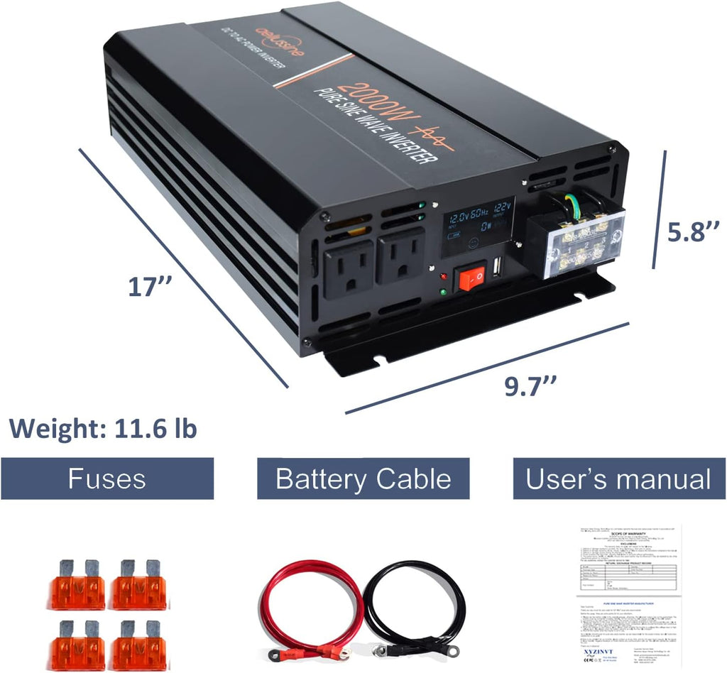 Power Inverter 2000W Pure Sine Wave 12v DC to AC 120v Peak 4000 Watt Converter with LCD Display USB Charge Port F387