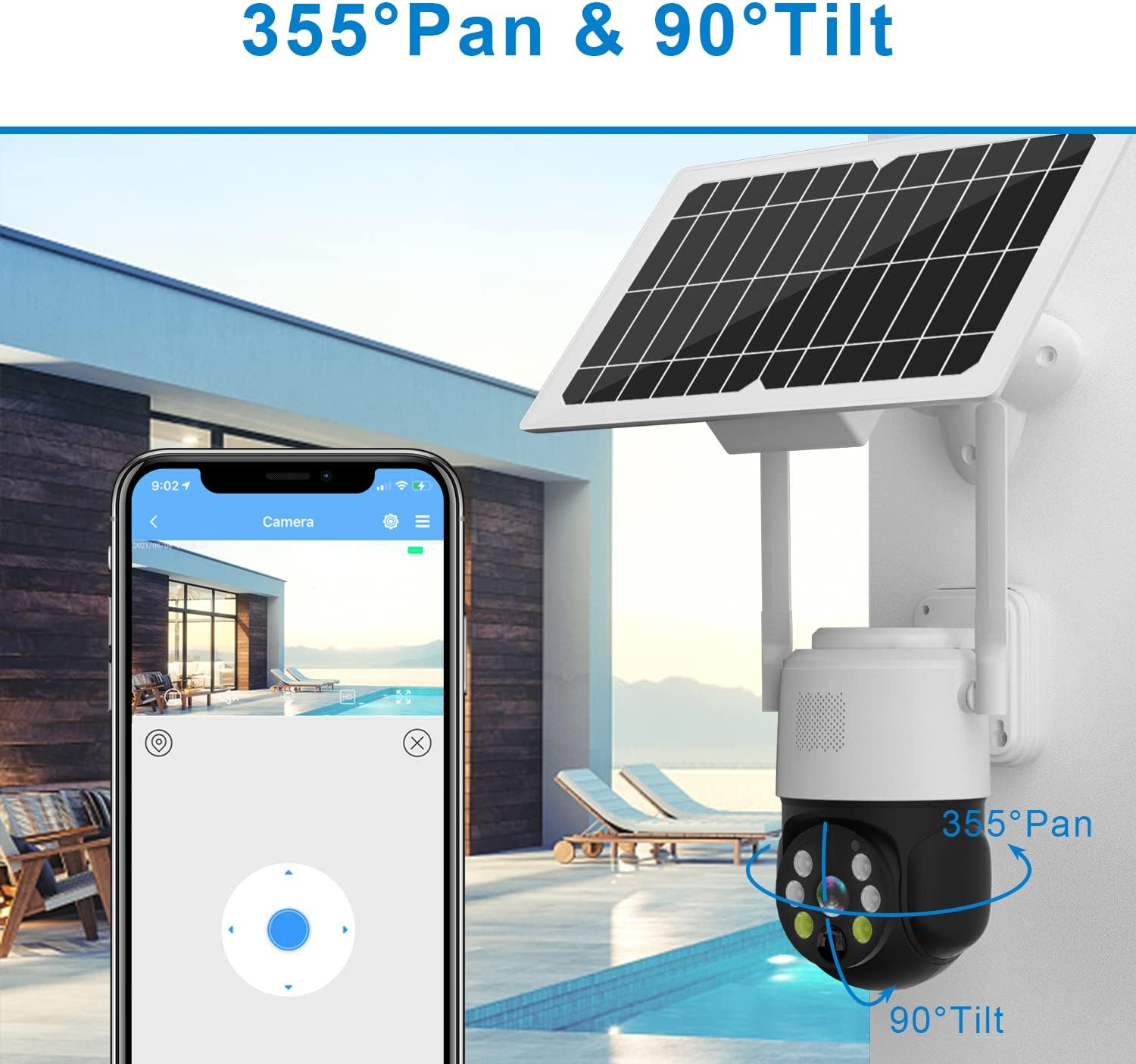 Solar Security Camera Wireless Outdoor Auto Tracking Battery Powered WiFi HD 1080P Two Way Audio Spotlight Color Night Vision SD/Cloud Storage PIR Human Siren Alarm E81976