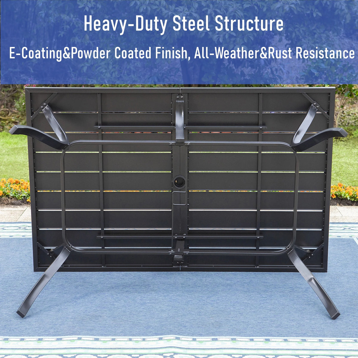 7-Piece Outdoor Patio Dining Set with High-Back Swivel Sling Chairs & Rectangular Table, Black & Blue Z366