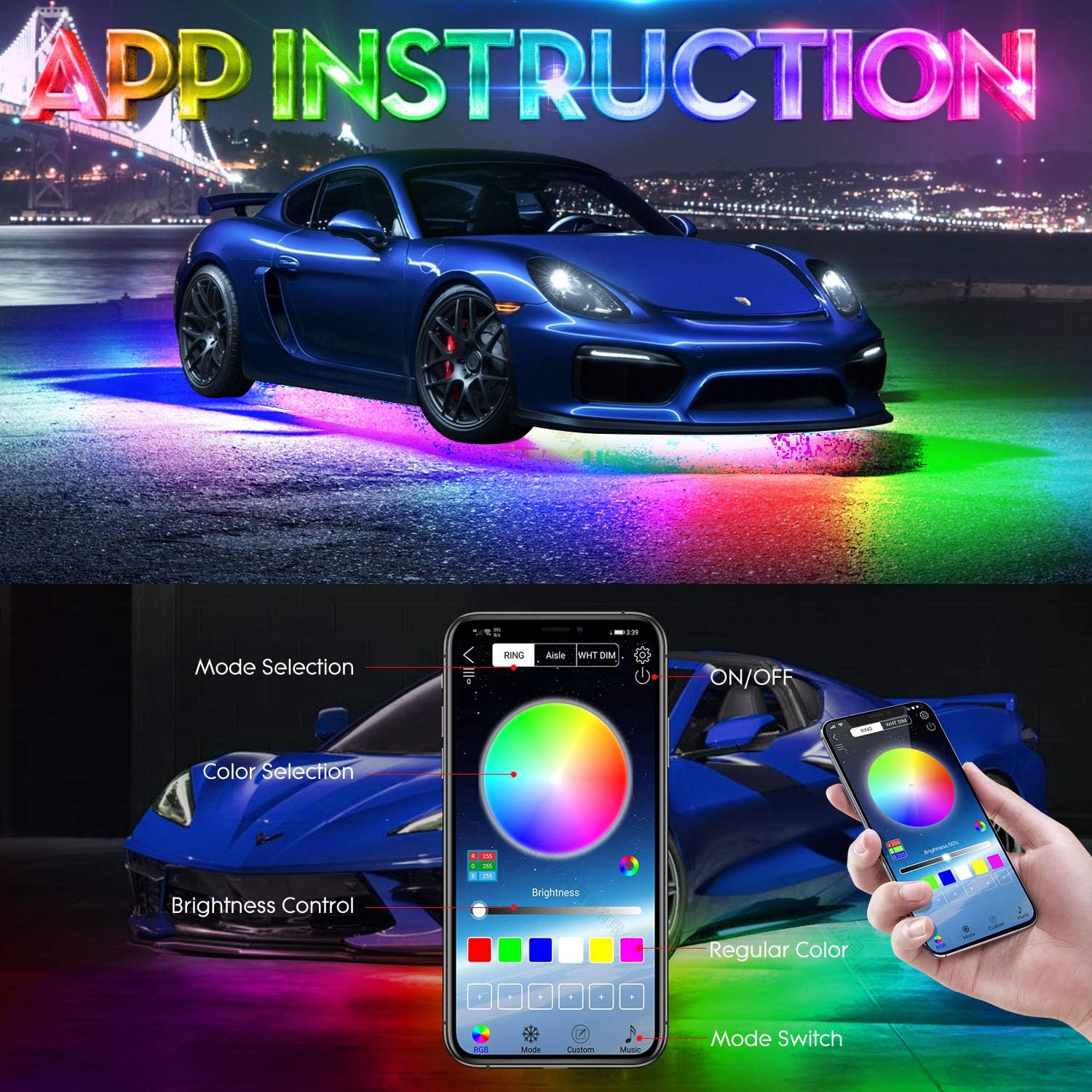 6PCS 216-LEDs Double-Row Neon Underbody LED Strips Kit with APP IP68 12V N257