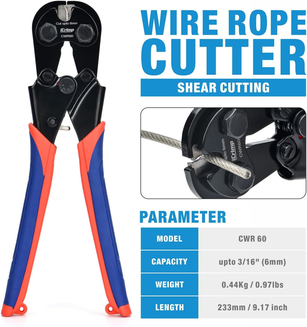 Wire Rope Crimping Tool for Aluminum Loop Sleeves, Duplex Oval Cable Ferrules 1/16’’ to 3/16’’, with Wire Rope Cable Cutter F6729